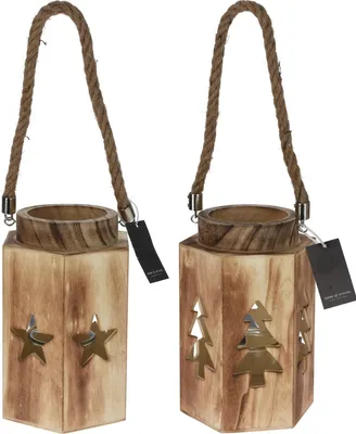 Produktbild von Bambelaa! Weihnachtliche Motivlaternen Set Vintage mit Seilgriff aus Holz Glaseinsatz Deko Windlicht Innen und Außen für Haus und Garten rustikale Holzlaternen Kerzenhalter ca. 14 x 16 x 23 cm mit Sternen- und Tannenbaummuster