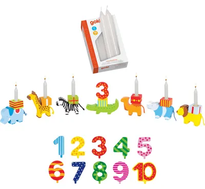 Produktbild von goki 60791+15051 Geburtstagstierparade 7 Tiere aus Holz + austauschbare Zahlen 1-10 inkl. 10 weißen Kerzen, bunt, 27-teilig (1 Set)