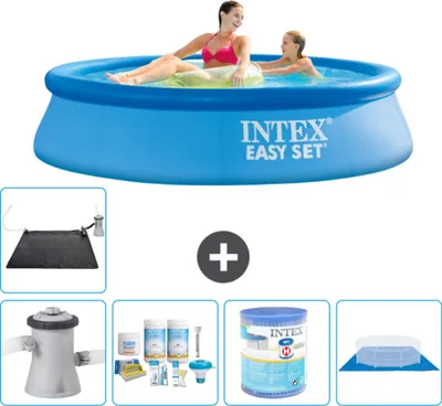 Produktbild von Intex runder aufblasbarer Easy Set-Schwimmpool – 244 x 61 cm – Blau – inklusive Pumpe Wartungspaket - Filter - Bodenplane - Solarmatte