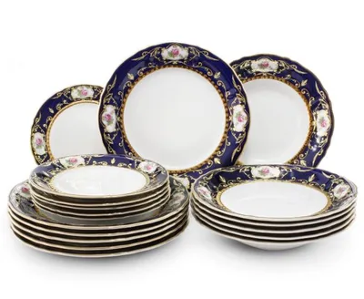Image de Service d'assiettes Sonata, porcelaine tchèque, cobalt, rose, Leander, 18 pièces