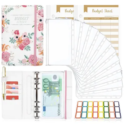 Immagine prodotto di Quaderno per la gestione del budget, formato A6, con buste per contanti e adesivi, motivo: rosa con fiori