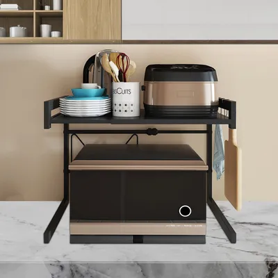 Produktbild von Ausziehbarer Mikrowellenständer mit 3 Haken, 36-57 cm ausziehbarer Mikrowellen Regal, Gewürzregal, bis 25 kg