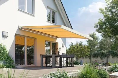 Produktbild von SOLUNA Kassettenmarkise Modern 3,5x2,5 Stoff Dessin S1468 Gestell RAL 9010 reinweiß Antrieb rechts inkl. Motor und Wands