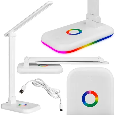 A collage of images showing a white LED desk lamp from different angles, including a close-up of its base with RGB lighting and a USB-C cable.