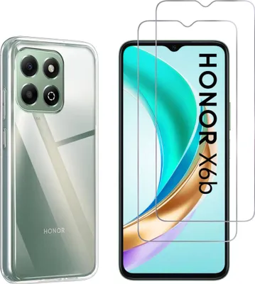 A clear protective phone case and two screen protectors are displayed next to a smartphone.