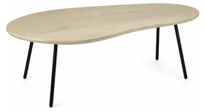 Couchtisch Nierenform Mango Massivholz White Wash mit schwarzen Metallbeinen, Gesamtansicht von vorne.