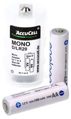 Produktbild von AccuCell Adapter D, Mono, LR20 und Panasonic eneloop 2-Pack BK-3MCDE/2BE Akku NiMH, Mignon, AA, HR06, 1.2V und 2000mAh
