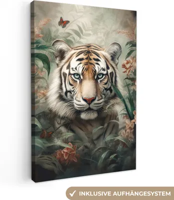 Produktbild von MuchoWow® - Leinwandbilder - Tiger - Schmetterlinge - Tiere - Dschungel - Blumen, Wandbild, Wanddeko Bilder Wohnzimmer, 80x120 cm