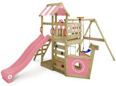 Produktbild von Spielturm Wickey SeaFlyer mit Doppelschaukel und Rutsche, aus Holz, pastellpink