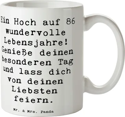 Produktbild von Mr. & Mrs. Panda Kaffeebecher Spruch 86. Geburtstag - Weiß - Geschenk, Jubiläum, Teetasse, Happy Birthday, Freude, Alter, Liebe, Kaffeetasse, Tasse, Trinkbecher, Becher