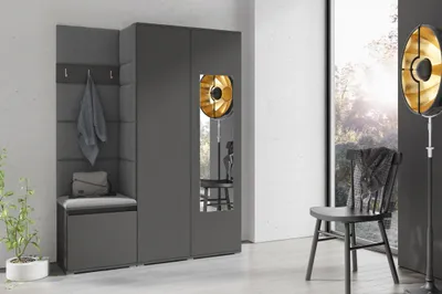 Produktbild von Garderoben-Set "Harry", Moderner Kleiderschrank mit Polsterplatten und Schuhschrank – Ideal für Flur und Eingangsbereich  (Graphit, Trinity 15)
