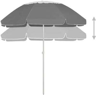 A gray beach umbrella with a white pole against a white background.