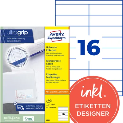 Obrázek produktu pro Avery 3665, Bílá, Samolepicí štítek, A4, Papír, Laserová/inkoustová tiskárna, Permanentní