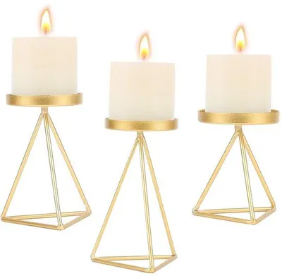 Productafbeelding van Unyqoos® IJzeren kaarsenhouder set van 3 – geometrisch driehoekig ontwerp, 11/14/16,5 cm, geschikt voor stompkaarsen < 8,5 cm, stijlvolle decoratie voor tafel en woonkamer