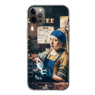 Produktbild von MuchoWow® Handyhülle Schutzhülle Hülle für iPhone 13 Pro Max Mädchen mit Perlenohrring - Cappuccino - Barista - Vermeer - Kaffee - Gemälde Silikon Softcase Handy Hülle - Mobiltelefon