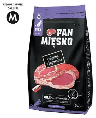 Image de Viande PAN MIĘSKO : Aliments secs pour chiens, gamme Senior Crunchy M, à base de bœuf et d'agneau. Poids : 9 kg