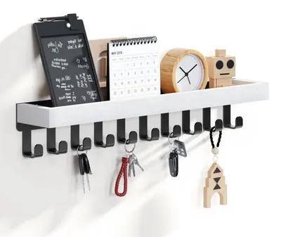 Productafbeelding van Sleutelbord met houten plank en 10 haken, multifunctionele sleutelhouder met opbergruimte, geschikt voor de hal, slaapkamer en keuken. Hangplank voor keukengerei