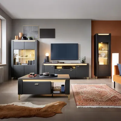 Produktbild von Wohnzimmer Set 4-teilig NOLA-129 in schwarz matt mit goldfarbenen Akzenten
