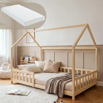 Immagine prodotto di Letto a castello "Hesel" per bambini, completo di materasso e protezioni laterali, dimensioni 120 x 200 cm, realizzato in legno di pino naturale
