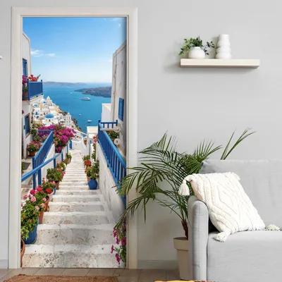 Produktbild von Türtapete selbstklebend | 200 x 90 cm Griechisches Dorf Meer Gasse | Tür Aufkleber Poster Türfolie | Einteilig | Wasserfest 3D Türaufkleber Klebefolie Wandtattoo