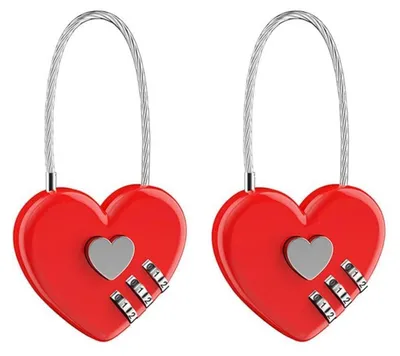 Immagine prodotto di Due lucchetti a forma di cuore, con serratura a 3 cifre, di colore rosso, realizzati in lega di zinco, con cavo in acciaio