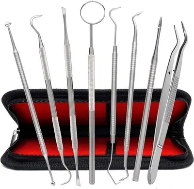 Produktbild von 8er Zahnpflege Set,Zahnsteinentferner,Zahnreinigung Set,Dental Set,Edelstahl Zahnarzt Instrument,Zahnarztbesteck,Zahnsonde,Scaler, Mundspiegel für Zahnstein und Plaque Sonstiges Zahnbürstenzubehör