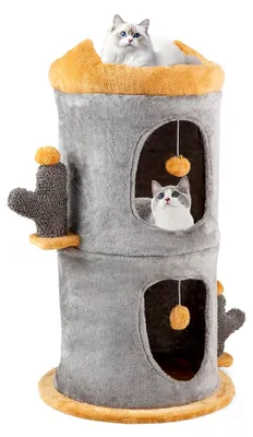 Produktbild von Kratztonne mit 2 Höhlen, trennbarer Kratzbaum mit Sitzstange, gepolsterte Katzenhöhle und 2 Bällen, 3-stöckiges Katzenhaus für große und kleine Katzen, Indoor-Kratzbaum und Spielturm für Kätzchen