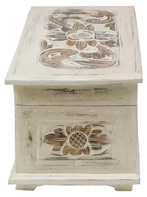 Produktbild von Truhe Holzkiste Holztruhe Schatztruhe Kiste Box Palmenholz Holzbox Blumen Schnitzereien Shabby Used Look Weiß Mittel 50 cm Design 2