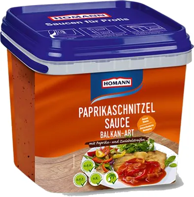 Produktbild von Homann Paprikaschnitzel Sauce Balkan Art mit Zwiebelstreifen 4000g
