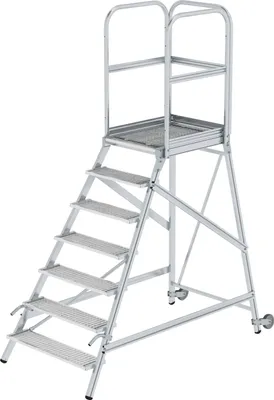 Produktbild von Günzburger Steigtechnik Podesttreppe einseitig begehbar mit Rollen und Griffen Stahl-Gitterrost 7 Stufen - 058107