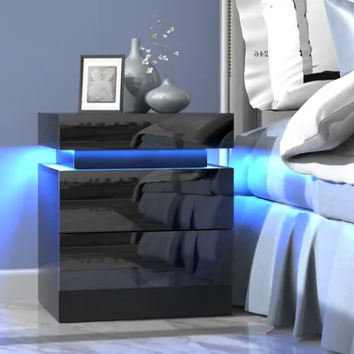 Image de Table de nuit avec éclairage LED avec 2 tiroirs 52x45x35cm noir
