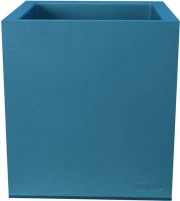 A blue square planter is shown against a white background.