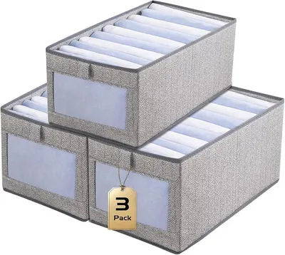 Produktbild von PolkaHome® 3er Set Stoffboxen Aufbewahrungsbox faltbar mit Sichtfenster, Stapelbar, 44x30x20 cm, Grau