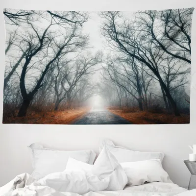 Image de Tapisserie murale naturelle ABAKUHAUS, ciel d'automne et feuilles en tissu microfibre doux Lavable sans décoloration Impression numérique, 230 x 140 cm, gris rouge