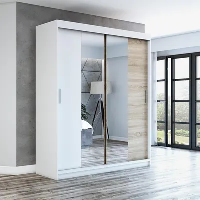 Produktbild von Schwebetürenschrank, 2-türig Schrank mit Spiegel! Moderne Garderobe für Kleidung. Verschiedene Farben (Weiß, Schwarz, Somona) Kleiderschrank NEO 180 cm