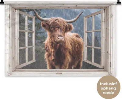 Produktbild von MuchoWow® Wandteppich Wandbehang Scottish Hochlandrind - Aussicht - Berg 90x60 cm Tapisserie Dekoration Wandtuch - Wandskulpturen - Bildteppich