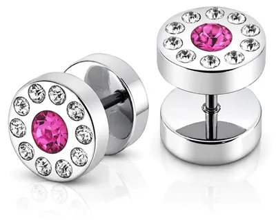 Produktbild von 2x Fake Plug Ohrstecker Edelstahl Strass Kristall Tunnel Piercing 10 mm Silber - pink