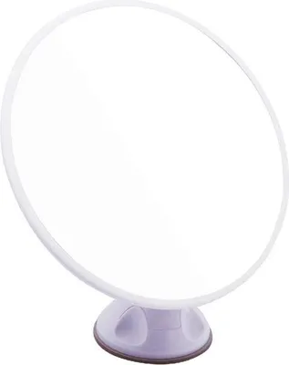 A white makeup mirror with a suction cup base.