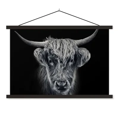 Produktbild von MuchoWow® Textilposter Schottischer Highlander - Schwarz - Kuh - Tiere 60x40 cm mit schwarzem Rahmen - Hölzernes