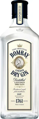 A bottle of Bombay London Dry Gin against a white background.