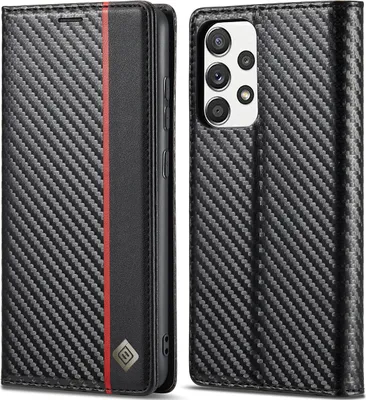 Obrázek produktu pro Pouzdro pro Samsung Galaxy A52 A52s 5G Karbónové kožené pouzdro s držákem karet, magnetem a stojánku černé Vertikální červené