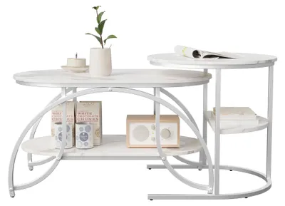 Obrázek produktu pro Konferenční stolek 80 x 46 x 45 cm - Malý odkládací stolek - Multifunkční - Deska z mramoru - Kovová konstrukce - Obývací pokoj - Stříbrná barva