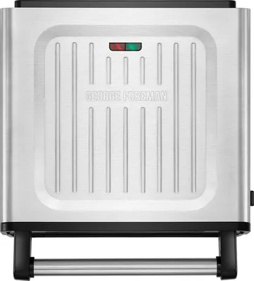 A close-up, front-facing view of a George Foreman tabletop grill.