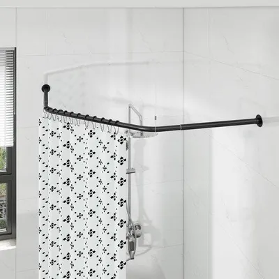 Productafbeelding van Ibenzoa® Verstelbare hoekdouchegordijnstang, roestvrij staal, zilver, 55–88/71–110 cm, met plafondbevestiging + 12 ringen, draagvermogen 15 kg