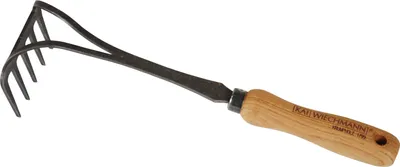 Produktbild von Gartenhacke Geschmiedeter Premium Teak Handrechen als robuster Blumenrechen exklusive Gartengeräte mit Teakholz Griff