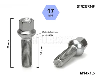 Obrázok produktu pre Skrutka kolesa M14x1,5x37 guľa R14, kľúč 17, S17D37R14F výška 59