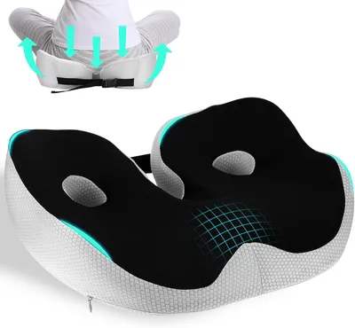 A product shot of an orthopedic seat cushion with an inset diagram showing its use.