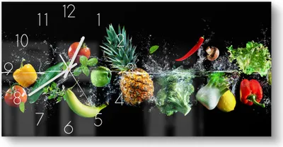 Produktbild von DEQORI Glasuhr 60x30 cm Zahlen 'Sauberes Obst und Gemüse' Wanduhr Glas Uhr Design leise