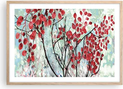 Produktbild von Gerahmtes Poster - Rahmen in heller Eiche - Rot Blätter Zweige - 70x50 cm - Wand Bild - Wanddeko - Wandbilder - Kunstposter - Wandposter - Bilderrahmen - Bilder - Kunstdruck - P2NAA70x50-4508