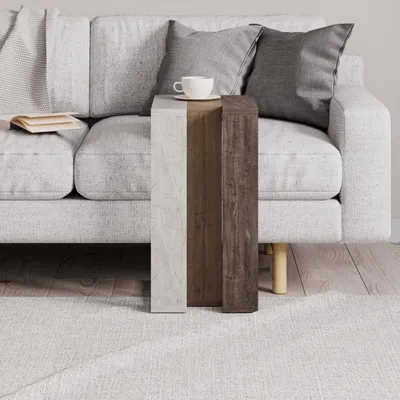 Produktbild von DECORTIE Muju Modern C Form Beistelltisch Gold Marmor Effekt Eiche Effekt Dunkel Kaffee Mehrzweck, 30 x 40 x 57 cm